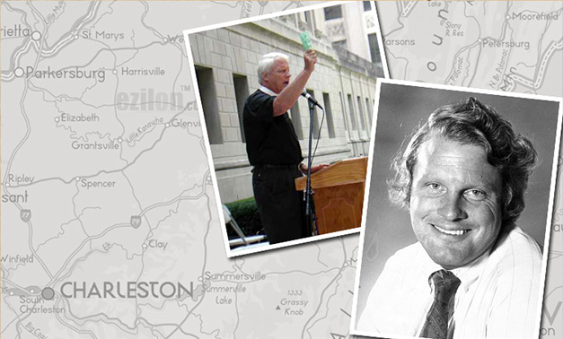 Gray graphic with two photographs. A black and white photo of a middle age man and a color photo of a man preaching.