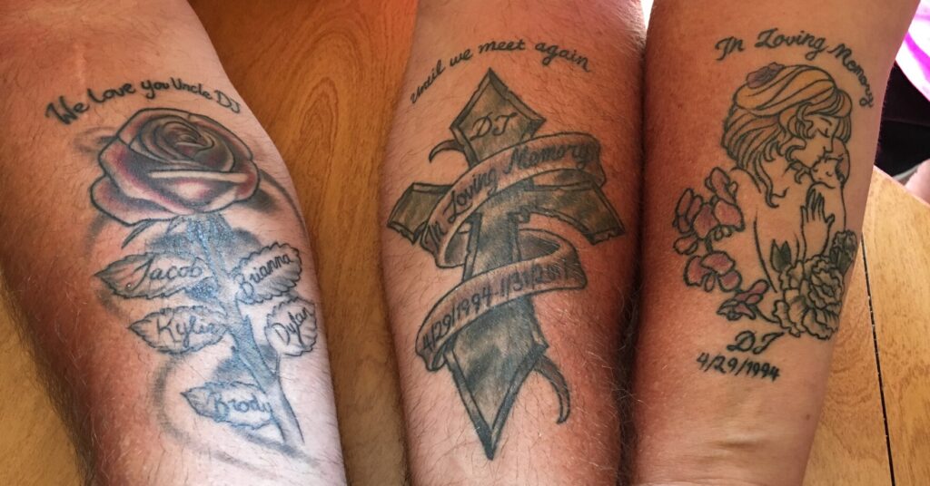Three arms are shown. Each forearm has a tattoo on it remembering a loved one.