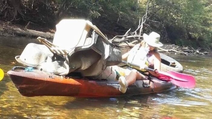 Michelle Martin during a trip on the river while collecting trash.