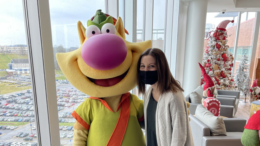 School Intervention Specialist Courtney Cook poses with Nature Cat at WVU Medicine Children’s Hospital in Morgantown before they greet the children.