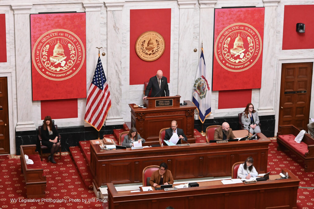 Senate President Craig Blair stands at the podium of the West Virginia Senate on Jan. 26, 2023.