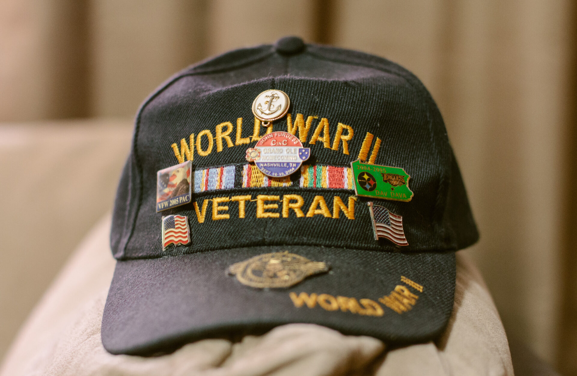 The favorite hat of Harry Bollinger, 88, a World War II Navy veteran who was a participant in secret military experiments that exposed him to mustard gas, causing long-term health problems.