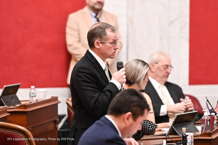 Sen. Eric Tarr, chair of the Senate Finance Committee, speaks on the Senate floor Friday, Feb. 3, 2023.