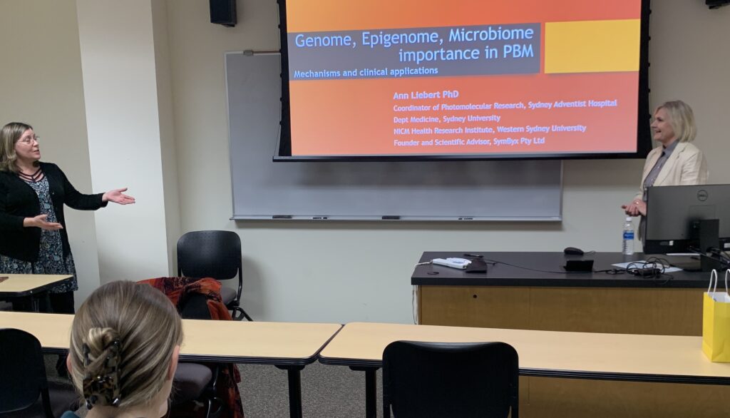 Nursing professor Kelly Watson Huffer introduces Dr. Ann Liebert to a group of students in a classroom at Shepherd University's Erma Ora Byrd hall.