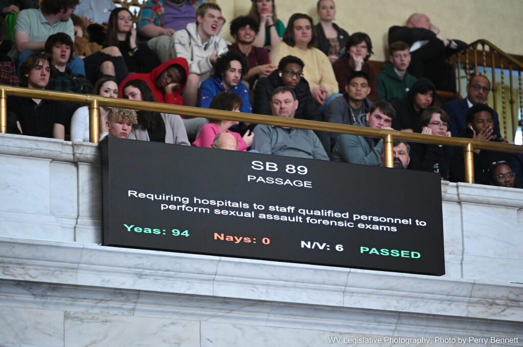 A Senate Bill is listed on a large screen with its final vote tally from the House of Delegates.