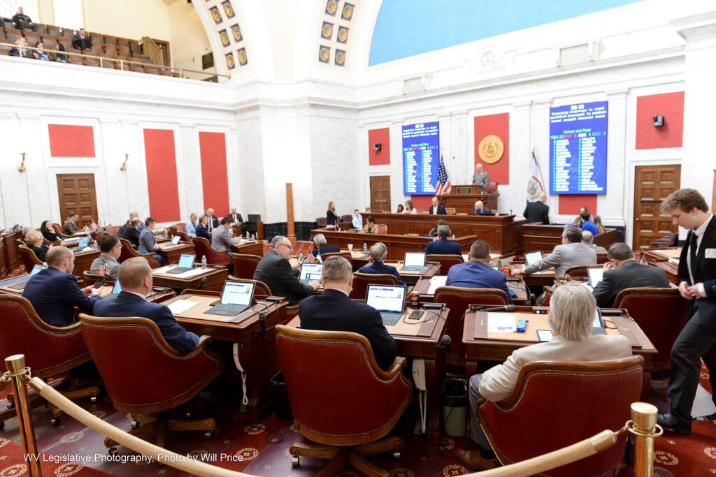 A group of legislators sit at their desks in the West Virginia Senate chamber during the 2023 regular session.