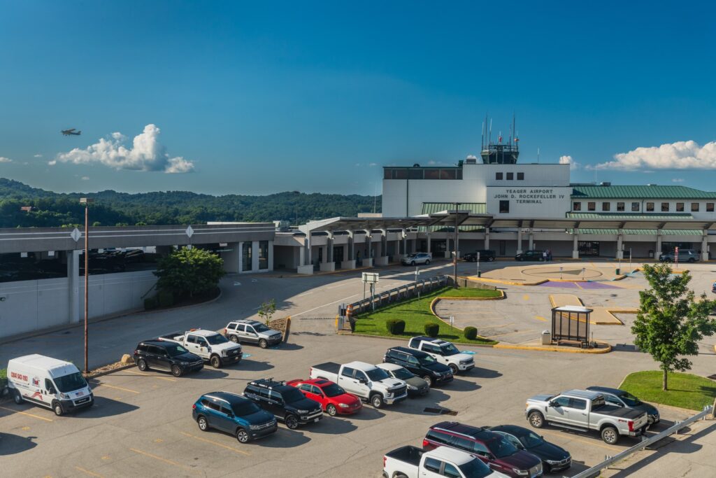 A view of the terminal and parking area of West Virginia International Yeager Airport.
