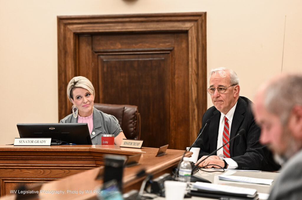 Sen. Amy Grady in a pink blouse and grey blazer, sits next to Sen. Charles Trump wearing a black suit over a white shirt and red striped tie, in the Feb. 23, 2023 meeting of the Senate Education Committee.