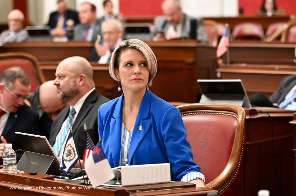 Sen. Amy Grady sits in her seat on the Senate floor March 8, 2023 wearing a royal blue blazer with the sleeves rolled up.