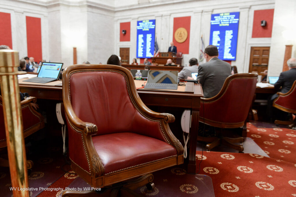 The red leather and wood framed chair of Sen. Robert Karnes, R-Randolph, sits empty after his removal from the Senate floor March 10, 2023.