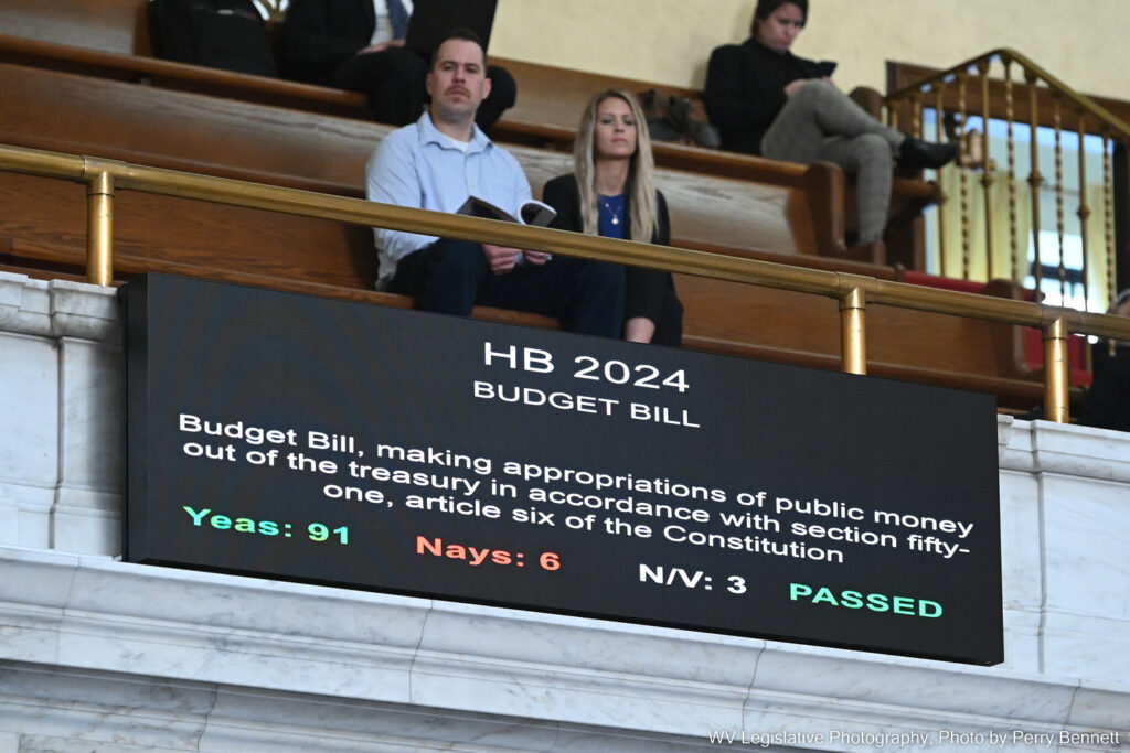 Two people sit above the screen displaying the results of the House of Delegate's vote to concur with the Senate's changes to the budget bill on March 10, 2023. The screen displays the bill name, HB 2024 - BUDGET BILL, with a short description. Yeas: 91 are displayed in green, Nays: 6 are displayed in red, and N/V: 3 are displayed in white. PASSED is displayed in green.
