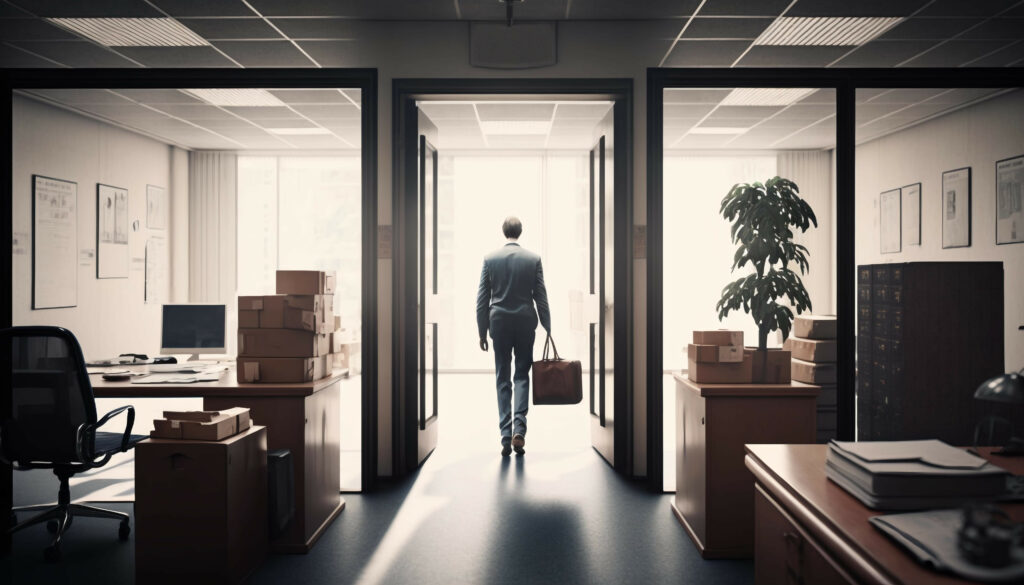 Businessman with briefcase walking out of office