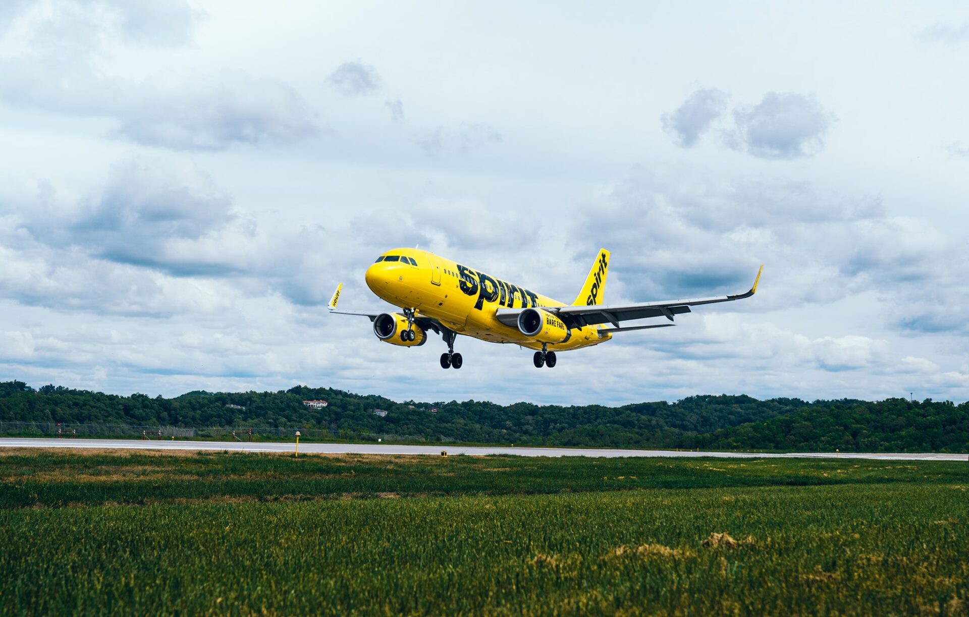 A Spirit Airlines flight departs the runway at West Virginia Yeager International Airport
