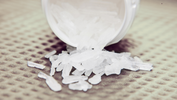 Methamphetamine, or crystal meth, is shown in a closeup.