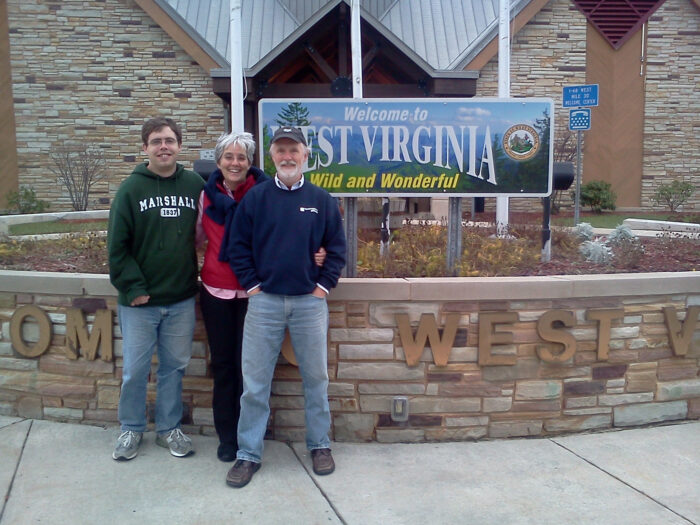 Trish Hatfield with her husband Jim and their son Ben. Trish’s question “Where does the phrase, ‘West by God Virginia’ come from?” won our latest Wild, Wondering West Virginia poll.