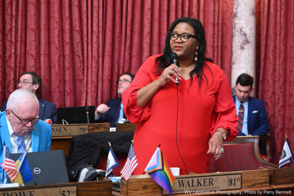 Del. Danielle Walker wears a red dress and holds a microphone into which she is speaking. In front of her is an array of flags including an American flag, a West Virginia flag and an LGBTQ+ flag next to a nameplate that reads "Walker, 81st". Behind her is a red curtain.