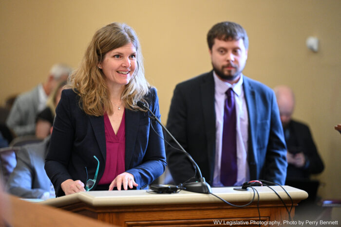 A blonde woman wearing a pink blouse and black blazer speaks at a podium as her colleague looks on.