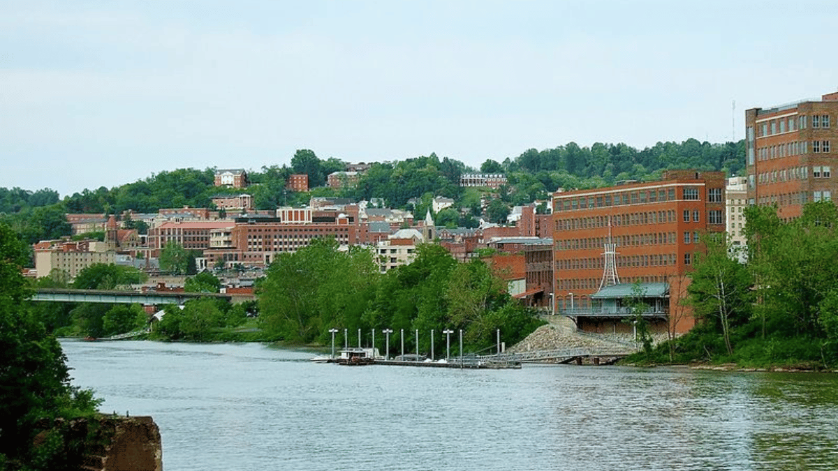 Photograph of downtown Morgantown across from the Monongahela River