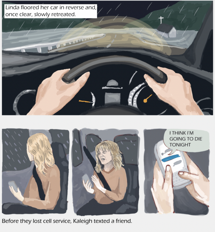 A comic strip of a girl in a car as a passenger, texting.