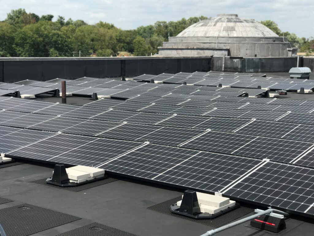 The Scarborough Library on Shepherd University’s campus is home to the largest solar panel installation on a nonprofit in West Virginia. This photo shows half of its 189 panels.
