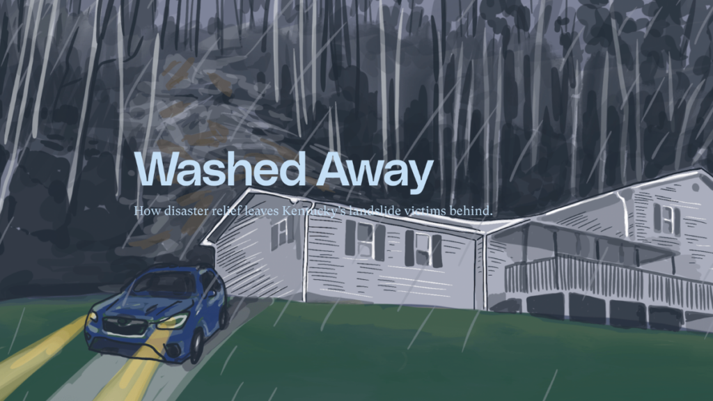 An illustration of a rainy, gray day. A blue car drives away from a house in the dark.