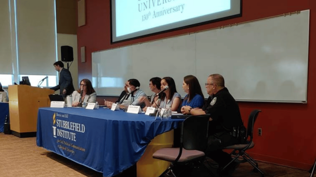 A group of panelists representing Shepherd University's campus carry task force address questions from concerned students and faculty at the campus' Stubblefield Institute.