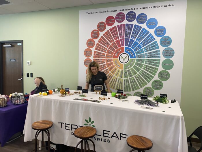 A big wheel pie chart and plant samples on a table. Two women can be seen behind the table.