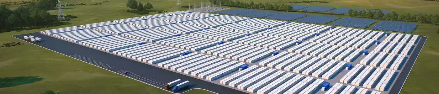 A color rendering of a utility storage battery farm in a green field.