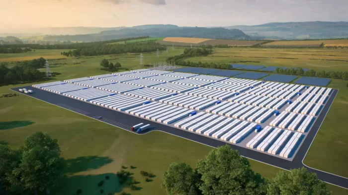 A color rendering of a utility storage battery farm in a green field.