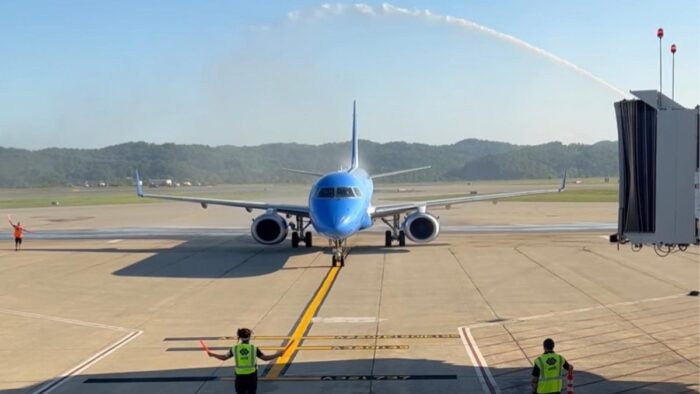 A picture of an aircraft belonging to Breeze Airlines arriving at West Virginia International Yeager Airport on May 31, 2023.