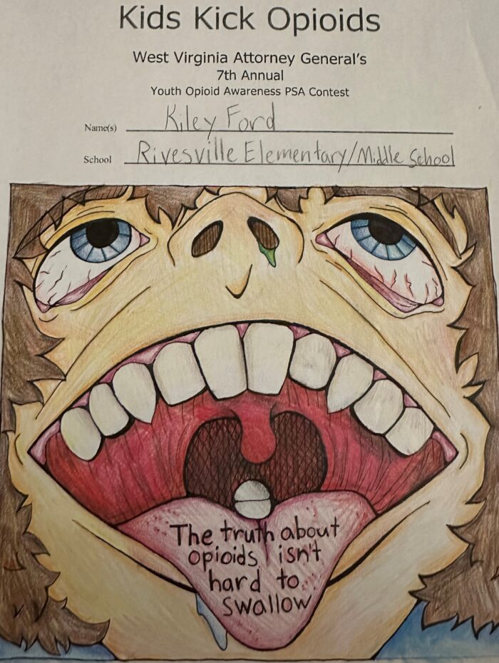 A submission forms for the attorney general's Kids Kick Opioids competition from Kiley Ford of Rivesville Elementary /Middle School shows a drawing of an animal-like being with bloodshot eyes, its mouth open and tongue sticking out. A pill is visible inside the mouth, and the words “The truth about opioids isn’t hard to swallow” are written on the being’s tongue. 