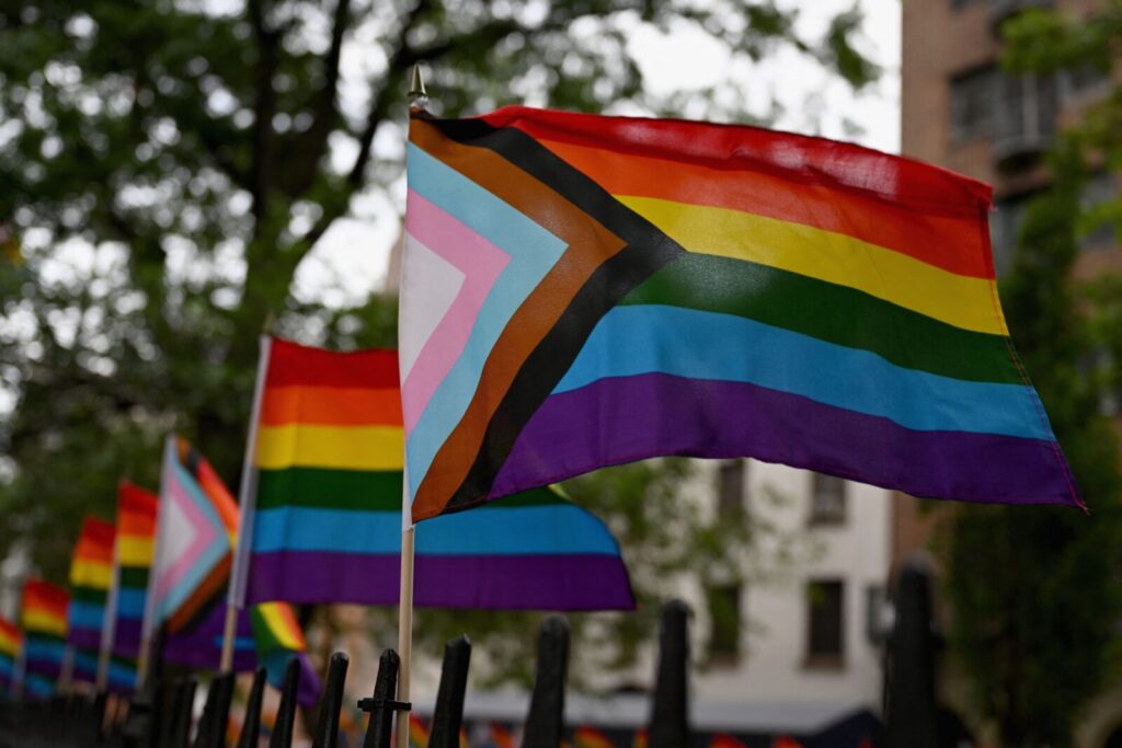 Rainbow flags, a symbol of lesbian, gay, bisexual, transgender (LGBT) and queer pride and LGBT social movements, waving in the breeze outside the Stonewall Monument in New York City on June 7, 2022.