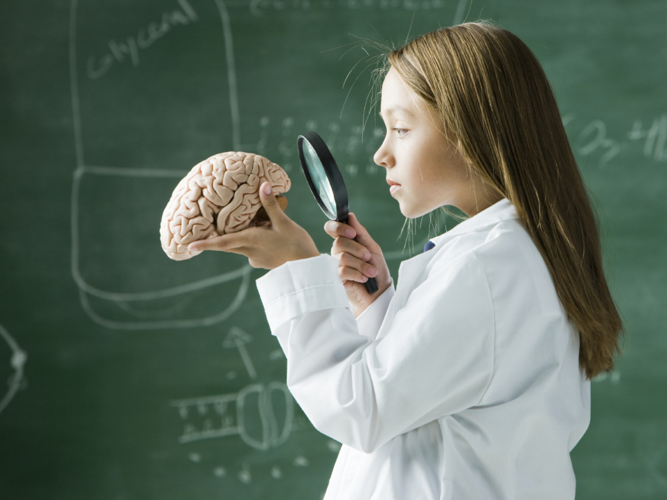 A child wearing a labcoat studies a human brain with a microscope in front of a chalkboard.