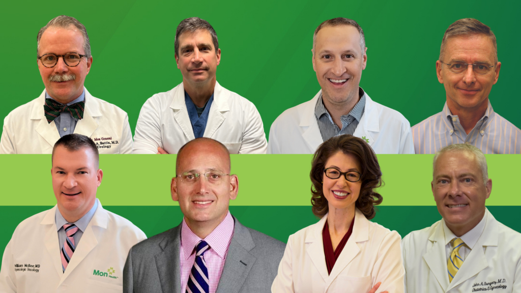 Eight doctors are seen in a collage on a green background.