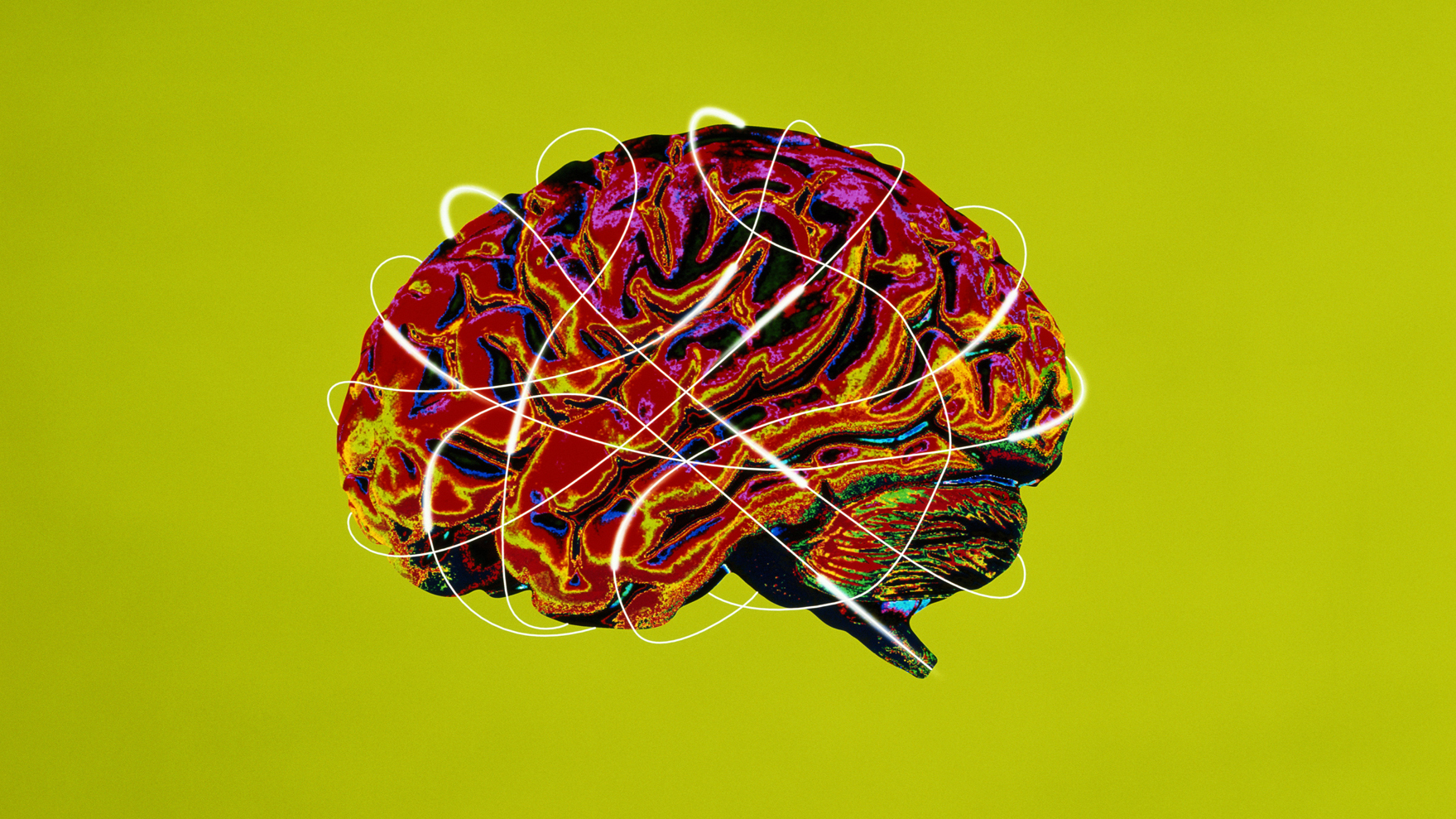 An illustration of brain activity is seen on a green background.
