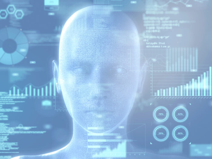 Ghostly looking face surrounded by digital elements