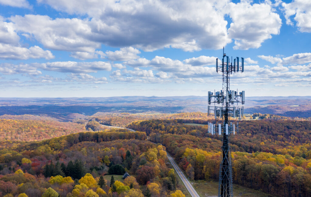 Cell phone or mobile service tower in forested area of West Virginia providing broadband service.