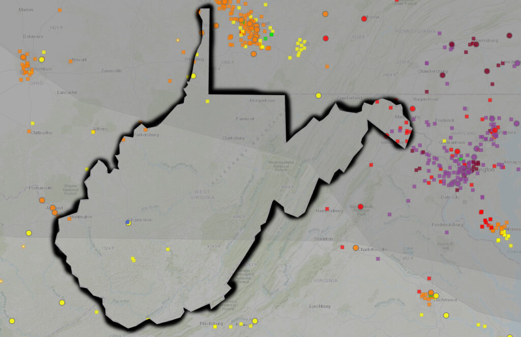 A map of West Virginia is shown with surrounding pollution from recent wildfires.