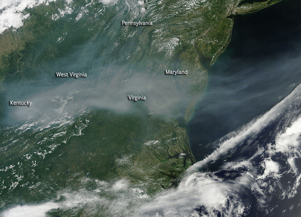 A satellite view of smoke from Canadian wildfires over mid-Atlantic states, including West Virginia.