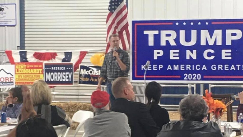 A picture of West Virginia State Treasurer Riley Moore speaking at a Trump campaign