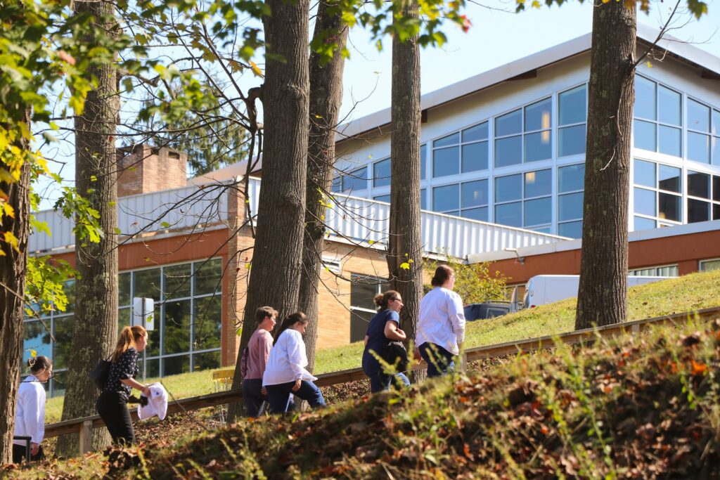 A picture of students walking up a hill to their classroom at Alderson Broaddus University