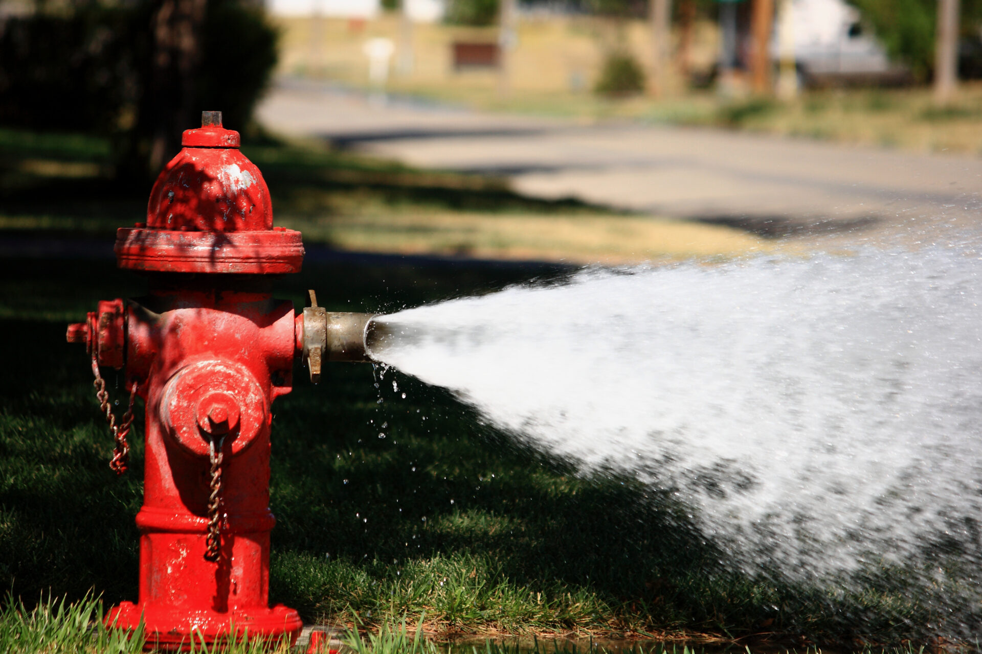 A red fire hydrant sprays water out of a fixture. The hydrant is in front of a green field cast in shadow. Farther in the background is a road in sunlight