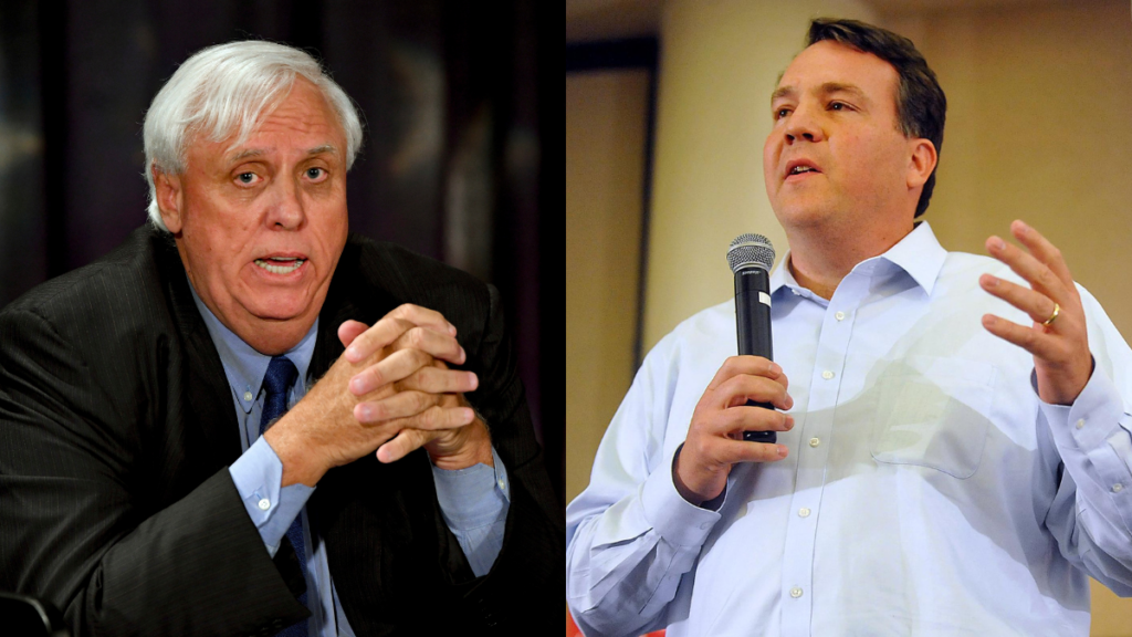 Professional photos of Jim Justice and Alex Mooney are seen side-by-side, cropped together to fit in one image. Justice is in a black suit. Mooney is in a white button up shirt and holding a microphone.