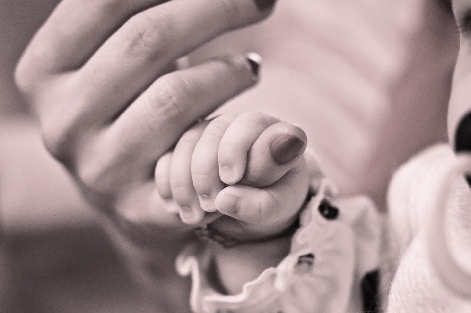 A baby's hand is holding the finger of an adult.