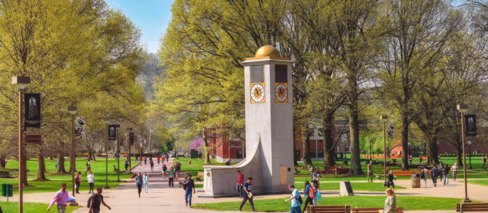 A view of the campus of West Virginia State University shows a tree-lined lane.