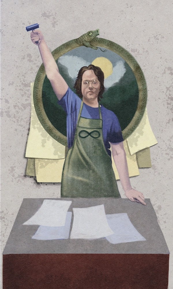 A tarot card of a man standing with his hand raised. A serpent is painted behind him. There are papers on a desk.