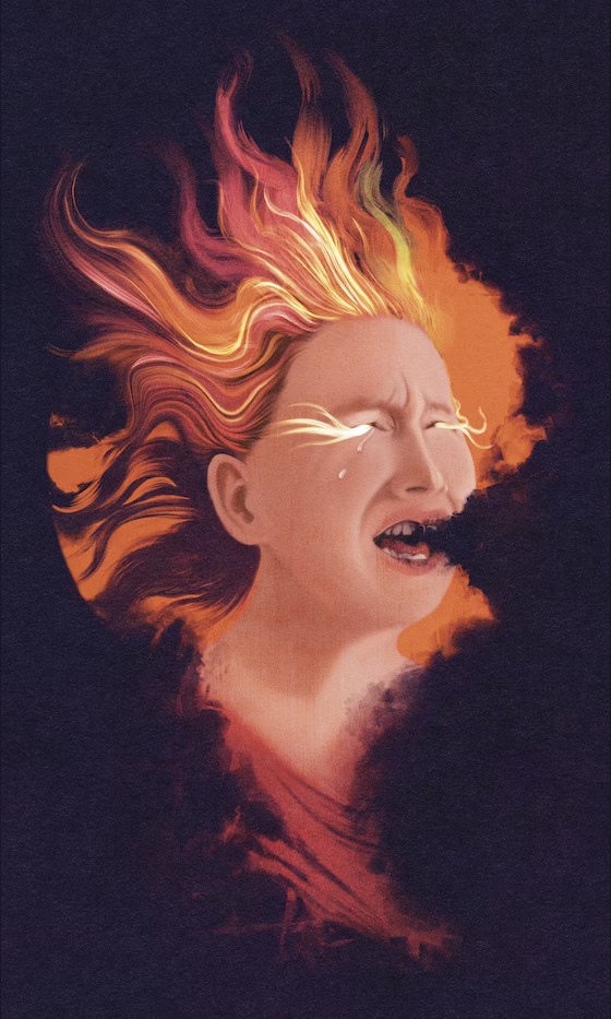 A tarot card of a woman screaming, fiery, sun.