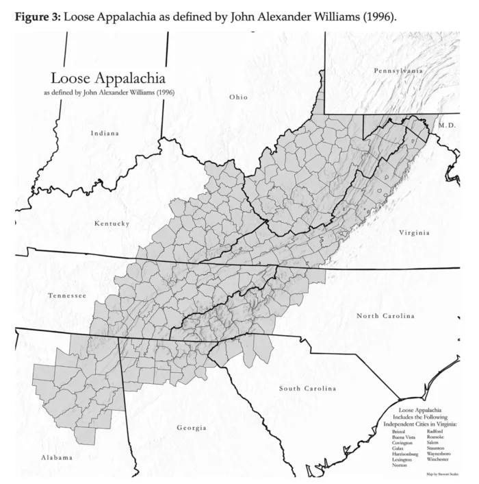A 1996 map that shows the southern part of Appalachia, as defined by John Alexander Williams. 