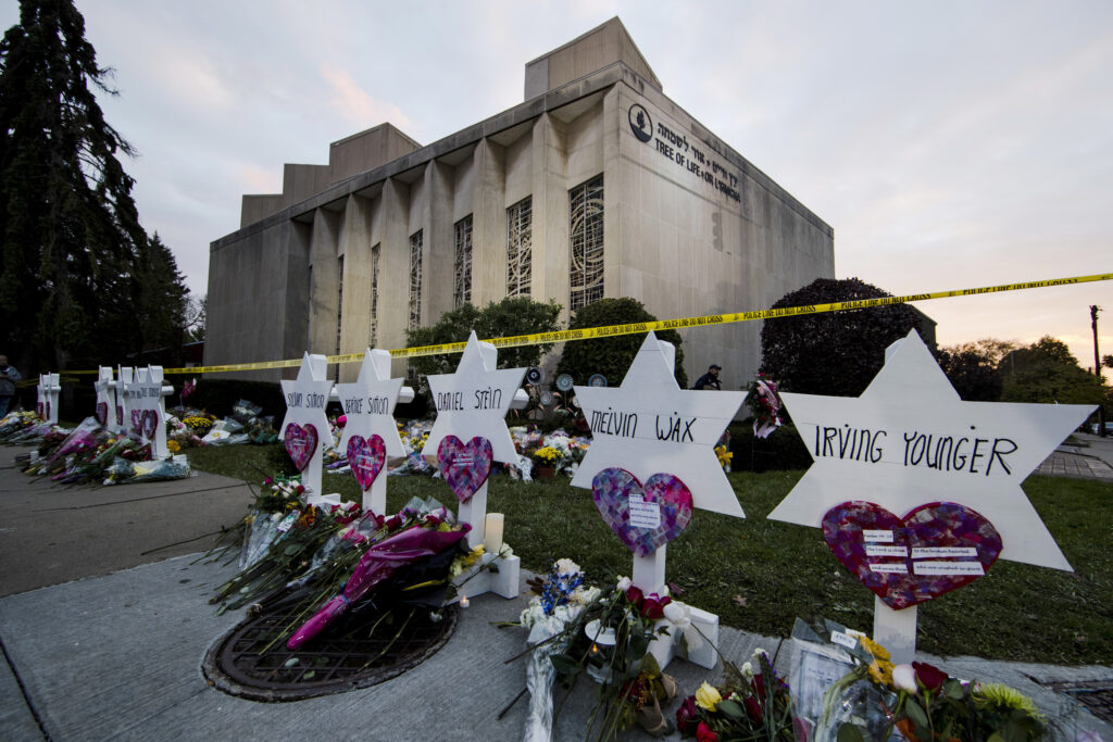 A makeshift memorial stands outside the Tree of Life Synagogue in the aftermath of a deadly shooting in Pittsburgh, Oct. 29, 2018.