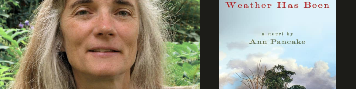 A photograph of author Ann Pancake next to an image of the cover of her novel "Strange As This Weather Has Been." She has grey hair, smiles slightly and wears a black shirt. The cover of her novel is an artistic take on mountaintop removal. A human is shaped like a mountain, as a few dying trees are shown and oil pours out of the human mountain's stomach.